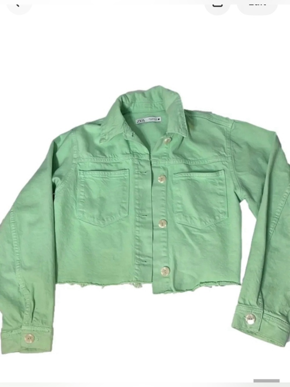 Zara Denim Cropped Jean Jacket Raw Hem pastel mint green women’s size S